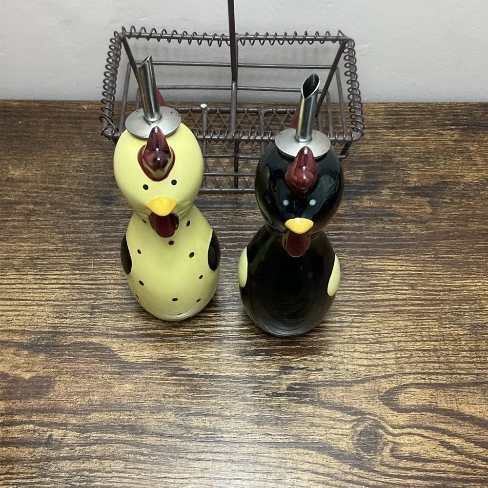 Bonne Lynn Chicken Rooster Figural Oil Vinegar Cruet Set With Basket Holder
